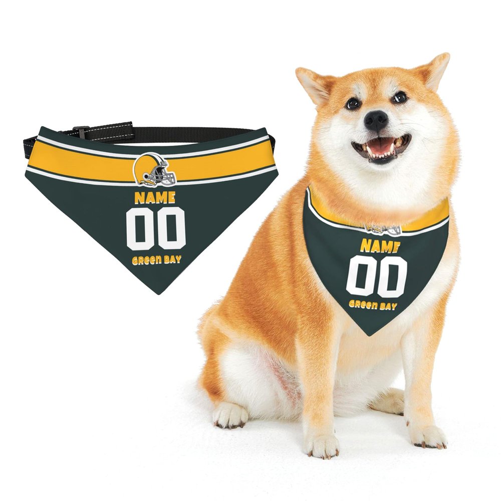 Personalized Green Bay Dog Bandana, Custom Name and Number Dog Scarf, Customize Adjustable Pet Bandana Gifts for Small Medium Pet Dog Cat 2 Side Printing