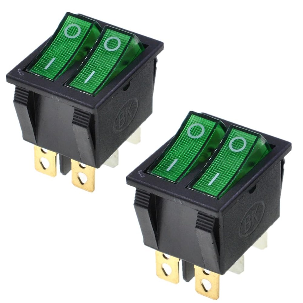 Ganasome 2 Pcs KCD4 Rocker Switch - AC 250V 16A 125V 20A, 6P Terminals, Double SPST 2 Way, Panel Mount with Green Light for Boat & Marine Equipment