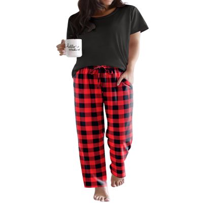 Ekouaer Pajama Sets for Women Round Neck Pjs Short Sleeve Sleepwear with Long Pants Loose Lounge Sets Black-Red Plaid Medium