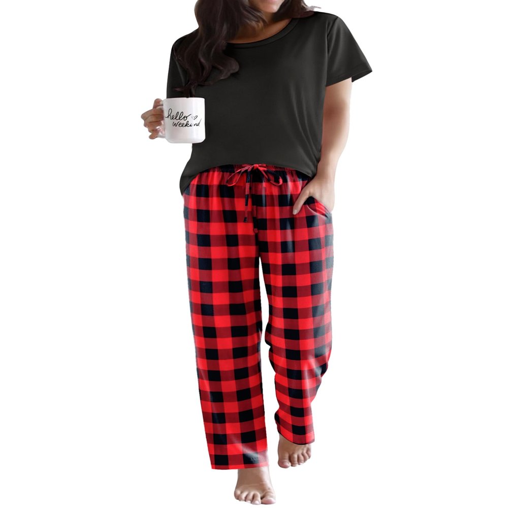 Ekouaer Pajama Sets for Women Round Neck Pjs Short Sleeve Sleepwear with Long Pants Loose Lounge Sets Black-Red Plaid Medium