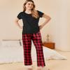 Ekouaer Pajama Sets for Women Round Neck Pjs Short Sleeve Sleepwear with Long Pants Loose Lounge Sets Black-Red Plaid Medium view 2