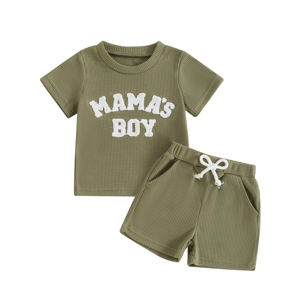 Kupretty Toddler Baby Boy Summer Clothes Embroiderey Waffle Knit Short Sleeve T-Shirt Tees + Casual Shorts Cute Clothing Set (A mama's boy-Army Green, 2-3 Years)