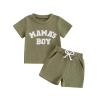 Kupretty Toddler Baby Boy Summer Clothes Embroiderey Waffle Knit Short Sleeve T-Shirt Tees + Casual Shorts Cute Clothing Set (A mama's boy-Army Green, 2-3 Years) view 1