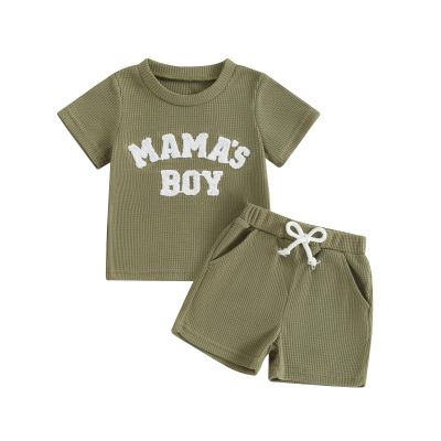 Kupretty Toddler Baby Boy Summer Clothes Embroiderey Waffle Knit Short Sleeve T-Shirt Tees + Casual Shorts Cute Clothing Set (A mama's boy-Army Green, 6-12 Months)