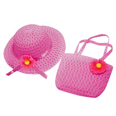 2 Pcs Girls Tea Party traw Sun Hat and Purse Set Kids Party Gift Sunflower Flower Sun Hat traw (Hot Pink, One Size)