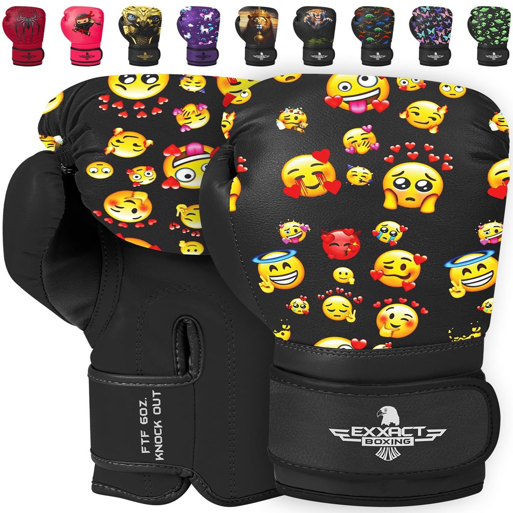 Exxact Sports Knockout Printed Youth Boxing Gloves for Kids (3-10 Years) with Padded Protection and Wrist Support, Durable Engineered Leather Kids Boxing Gloves for Boys and Girls (Smiley Face, 4OZ)