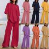 HGps8w 2025 Summer Women's Plus Size Linen Two Piece Outfits Loose Solid Short Sleeve Tops and Pocket Pants Casual Tracksuit view 2