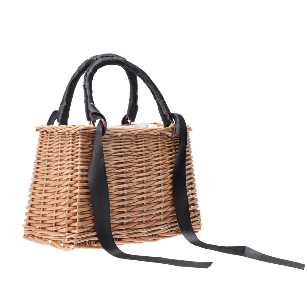 ABOOFAN Wicker Handbag Woven Rattan Storage Basket Top Handles Wedding Flower Girl Boho Style Beach Bag Straw Tote Retro Summer Clutch Beach Basket Purse Black