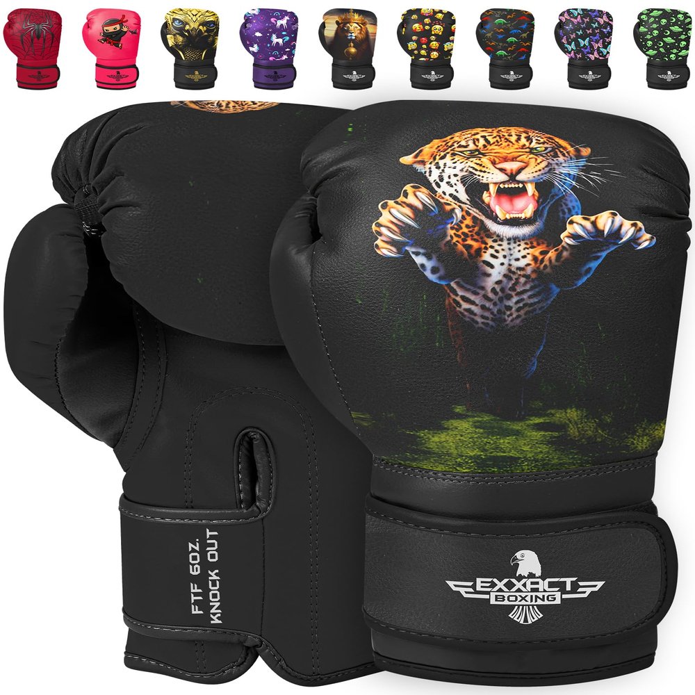 Exxact Sports Knockout Printed Youth Boxing Gloves for Kids (3-10 Years) with Padded Protection and Wrist Support, Durable Engineered Leather Kids Boxing Gloves for Boys and Girls (Leopard, 6OZ)