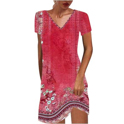 Big Deals Today Discounted Summer Dresses for Women Boho Floral Print T-Shirts Dress Short Sleeve Sundresses Vintage Loose Tank Dresses Beach Dresses for Women 2024 Vacation Red 3X
