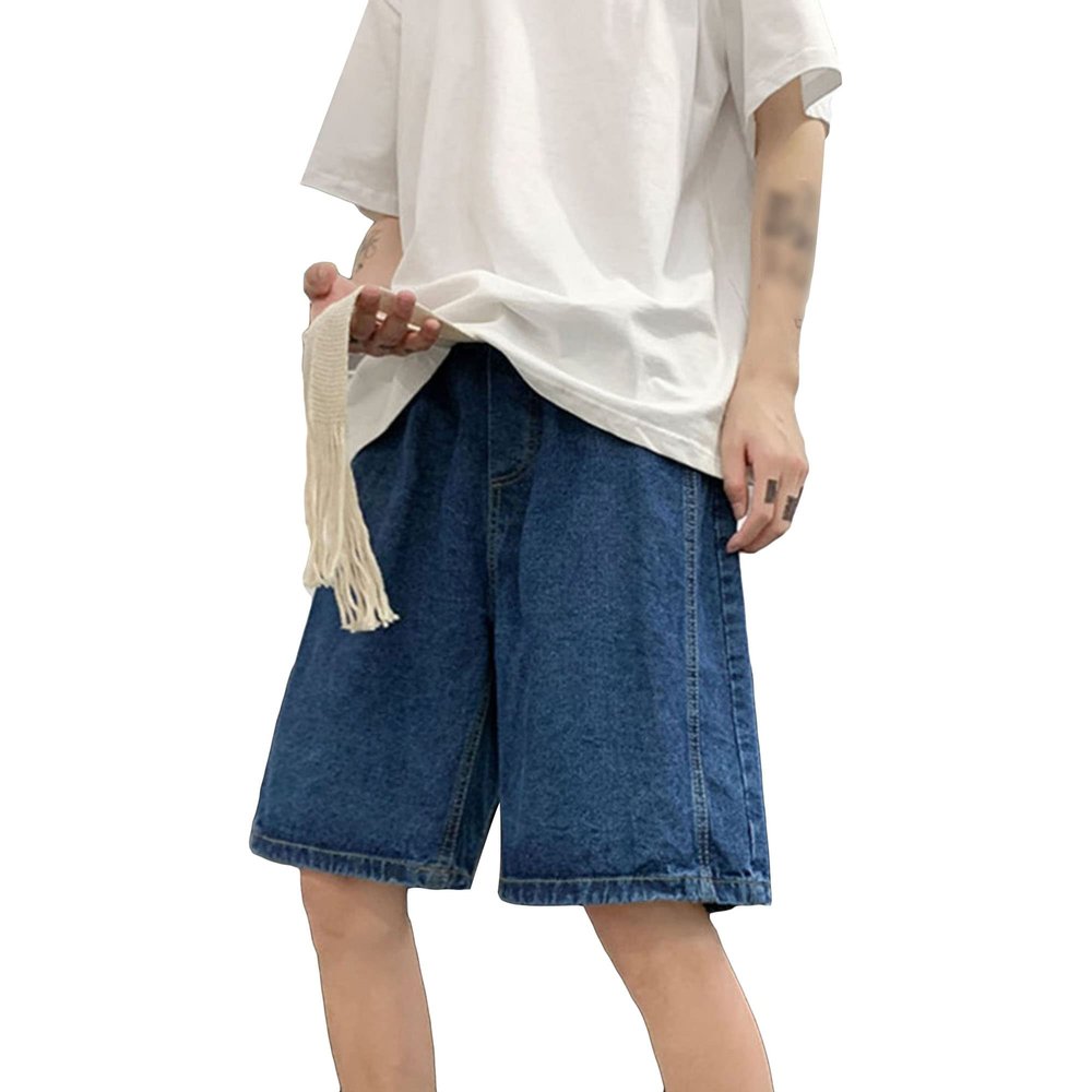 Men's Classic Drawstring Denim Short Male Loose Straight Leg Jean Shorts Pocket Versatile Half Jeans Short-Pants (Large,Dark Blue)