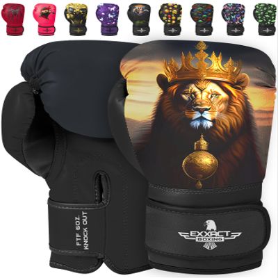 Exxact Sports Knockout Printed Youth Boxing Gloves for Kids (3-10 Years) with Padded Protection and Wrist Support, Durable Engineered Leather Kids Boxing Gloves for Boys and Girls (Lion, 4OZ)