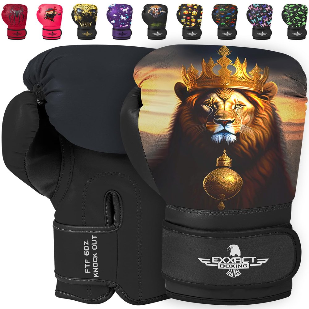 Exxact Sports Knockout Printed Youth Boxing Gloves for Kids (3-10 Years) with Padded Protection and Wrist Support, Durable Engineered Leather Kids Boxing Gloves for Boys and Girls (Lion, 4OZ)