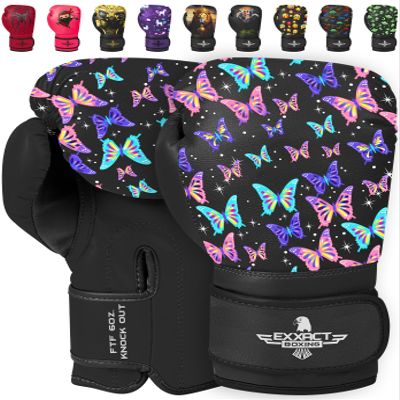 Exxact Sports Knockout Printed Youth Boxing Gloves for Kids (3-10 Years) with Padded Protection and Wrist Support, Durable Engineered Leather Kids Boxing Gloves for Boys and Girls (Butterfly, 6OZ)