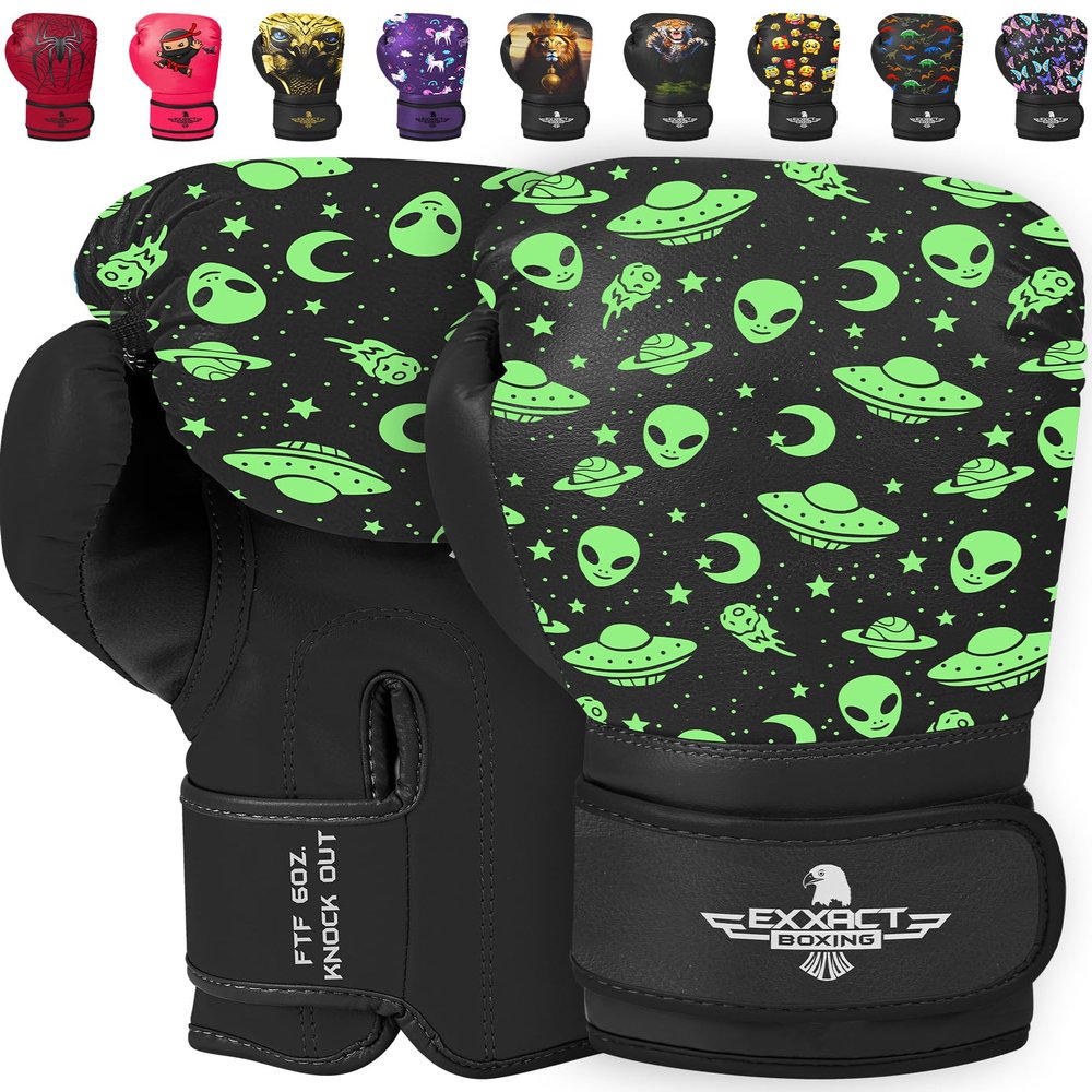 Exxact Sports Knockout Printed Youth Boxing Gloves for Kids (3-10 Years) with Padded Protection and Wrist Support, Durable Engineered Leather Kids Boxing Gloves for Boys and Girls (Alien, 6OZ)