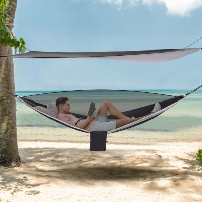 LOHISHILO Camping Hammock - Hammocks with Net Tent and Rain Fly Tarp, Portable Single & Double Nylon Parachute Hammock with Heavy Duty Tree Strap, Indoor Outdoor Backpacking Survival Travel, Grey