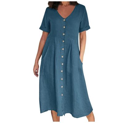 2024 Women s Plus Size CottLinen Summer Dress Casual V-Neck Solid Short Sleeve ButtPocket T-Shirt Dress Shirt Dresses for Women Sky Blue XL