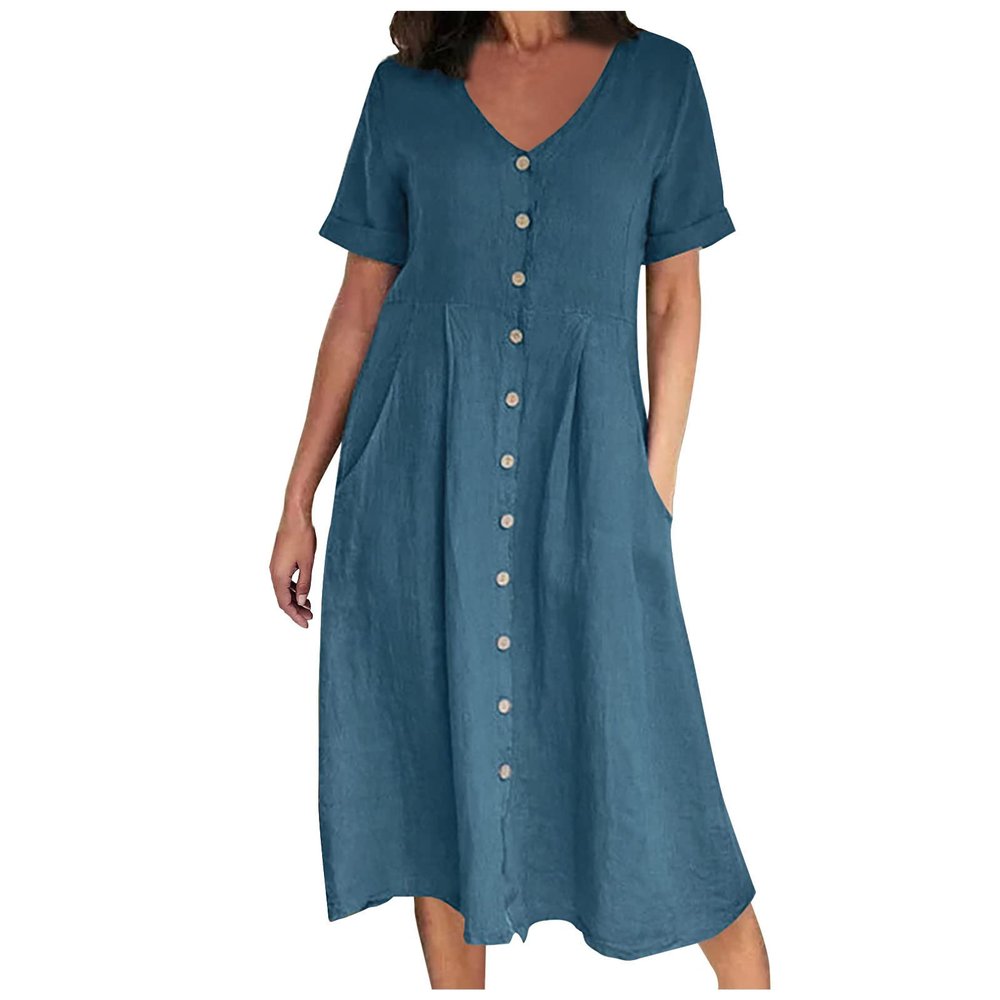 2024 Women s Plus Size CottLinen Summer Dress Casual V-Neck Solid Short Sleeve ButtPocket T-Shirt Dress Shirt Dresses for Women Sky Blue XL