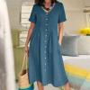 2024 Women s Plus Size CottLinen Summer Dress Casual V-Neck Solid Short Sleeve ButtPocket T-Shirt Dress Shirt Dresses for Women Sky Blue XL view 2