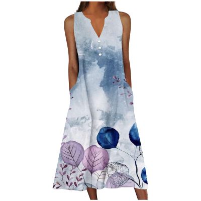 2024 Women 's Summer Design Casual Dress Sleeveless V-Neck Dress with Pockets Loose Flowy Swing Pleated Long Beach Dress Hawaiian Dresses for Women Gray 2X
