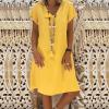 Women's Summer Cotton Linen Dress Loose V-Neck Short Sleeve T-Shirt Dress Solid Beach Dress Casual Maxi Dresses view 2