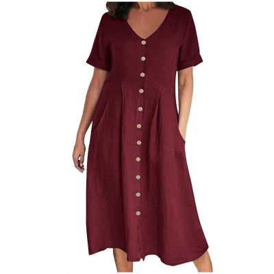 2024 Women s Plus Size CottLinen Summer Dress Casual V-Neck Solid Short Sleeve ButtPocket T-Shirt Dress Spring Dresses Wine L