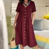 2024 Women s Plus Size CottLinen Summer Dress Casual V-Neck Solid Short Sleeve ButtPocket T-Shirt Dress Spring Dresses Wine L view 2
