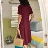 2024 Women s Plus Size CottLinen Summer Dress Casual V-Neck Solid Short Sleeve ButtPocket T-Shirt Dress Spring Dresses Wine L view 4