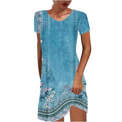 2024 Summer Dresses for Women Boho Floral Print T-Shirts Dress Short Sleeve Sundresses Vintage Loose Tank Dresses Floral Dress for Women Sky Blue 3X