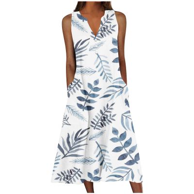Women's Summer Design Casual Dress Sleeveless V-Neck Dress with Pockets Loose Flowy Swing Pleated Long Beach Dress