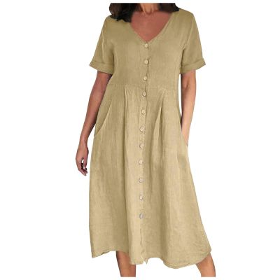 90 Off Sale Clearance Womens Plus Size Cotton Linen Summer Dress Casual V-Neck Solid Short Sleeve Button Pocket T-Shirt Dress Summer Dresses for Women 2024 Vacation Khaki XL