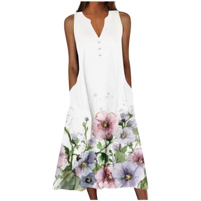 2024 Stocking Stuffers Women 's Summer Design Casual Dress Sleeveless V-Neck Dress with Pockets Loose Flowy Swing Pleated Long Beach Dress Sun Dresses for Women Casual 3X