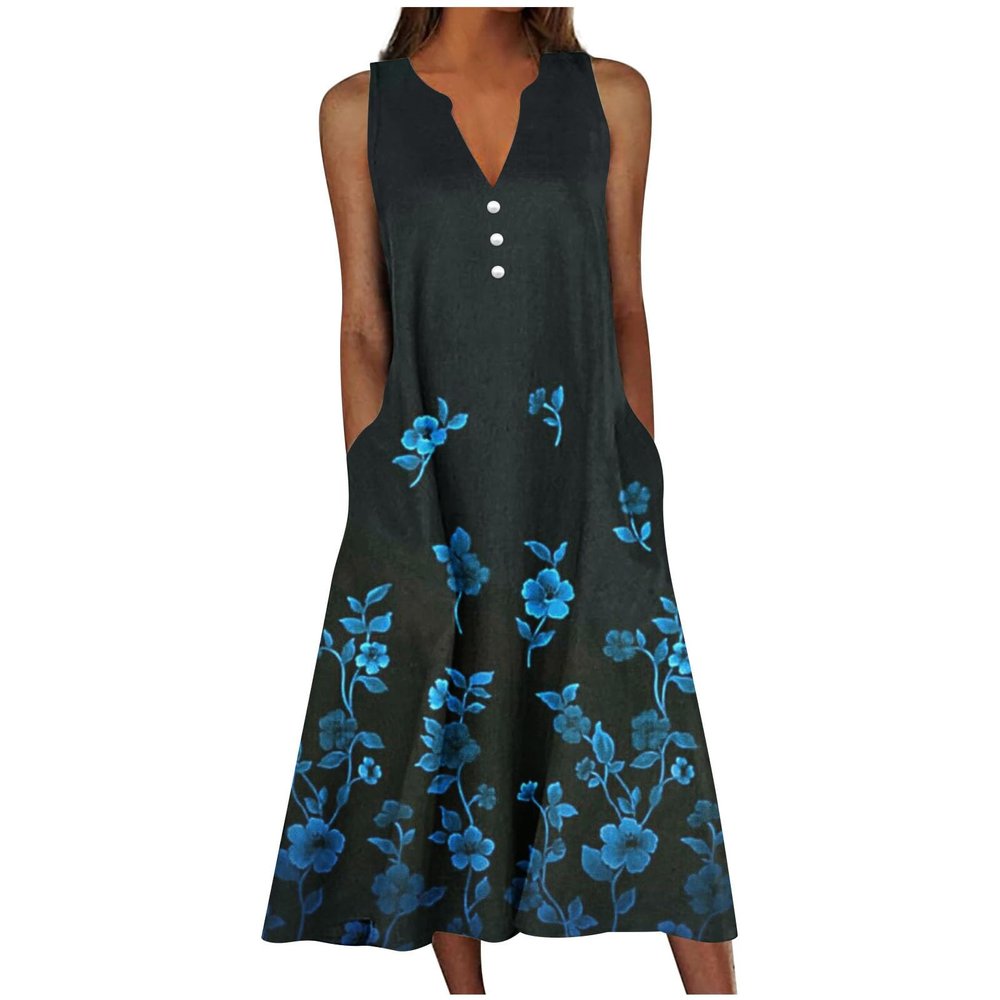 2024 Women 's Summer Design Casual Dress Sleeveless V-Neck Dress with Pockets Loose Flowy Swing Pleated Long Beach Dress Dress for Women Black 3X