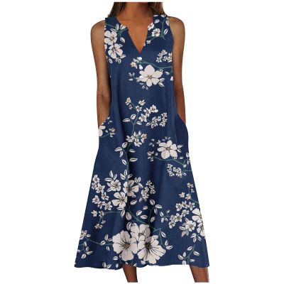 Day Prime Travel Deals Women's Summer Design Casual Dress Sleeveless V-Neck Dress with Pockets Loose Flowy Swing Pleated Long Beach Dress Dresses for Women 2024 Elegant Blue 5X