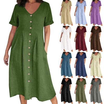 2024 Women Women s Plus Size CottLinen Summer Dress Casual V-Neck Solid Short Sleeve ButtPocket T-Shirt Dress dress for Women Green 4X