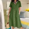 2024 Women Women s Plus Size CottLinen Summer Dress Casual V-Neck Solid Short Sleeve ButtPocket T-Shirt Dress dress for Women Green 4X view 2