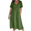 2024 Women Women s Plus Size CottLinen Summer Dress Casual V-Neck Solid Short Sleeve ButtPocket T-Shirt Dress dress for Women Green 4X view 3