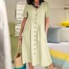 SMIDOW Women s Plus Size Cotton Linen Summer Dress Casual V-Neck Solid Short Sleeve Button Pocket T-Shirt Dress view 2