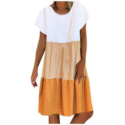 Boho Dresses for Women Trendy 2026 Casual Short Sleeve Summer Tshirt Dress Plus Size Color Block Swing Midi Sundress Summer Beach Dresses for Women Orange 4X