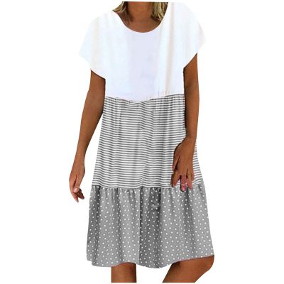 Boho Dresses for Women Trendy 2026 Casual Short Sleeve Summer Tshirt Dress Plus Size Color Block Swing Midi Sundress Fall Dresses for Women 2026 Gray 2X