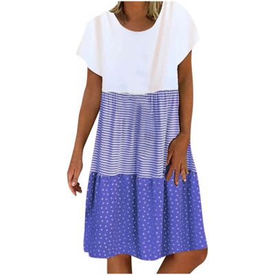 Boho Dresses for Women Trendy 2026 Casual Short Sleeve Summer Tshirt Dress Plus Size Color Block Swing Midi Sundress Vestidos de Verano para Mujer 2026 Blue 3X