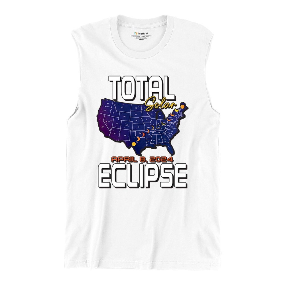Total Solar Eclipse Map Muscle Shirt Watch Only with Eclipse Glasses April 8 2024 Party Astronomy Sun Moon Men's White Small