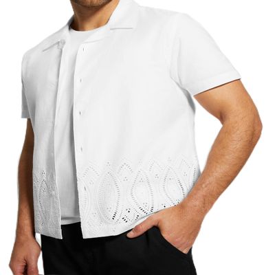 GUESS Men's Poplin Border Eyelet Shirt, Pure White