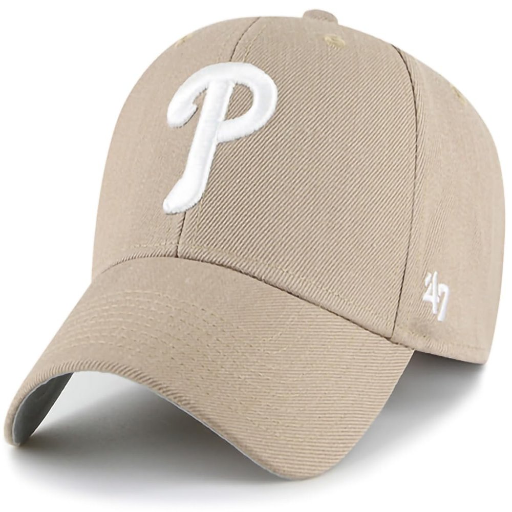 47 MLB Khaki White Primary Logo MVP Adjustable Hat, Adult One Size Fits All - Philadelphia Phillies - Khaki White