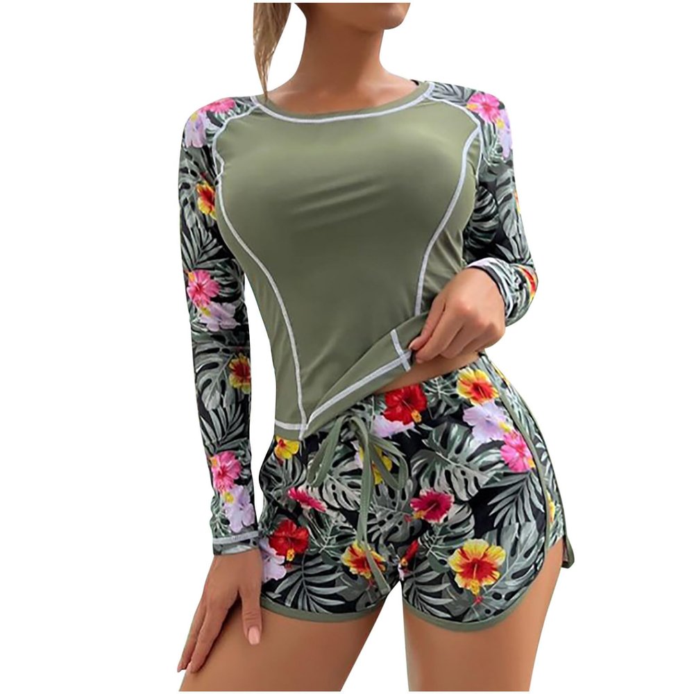 NineFit Basics Women Two Piece Rash Guard Long Sleeve Swimsuits Uv UPF 50+ Swim Tops Shirt Workout Bathing Suit with Boyshort Bottom, X-Large, A11_army Green