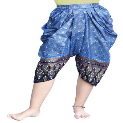 RaanPahMuang Sukhothai Traditional Mixed Fabric JonGrabaen Thai Pants, Medium-Large, Cotton - Medium Blue