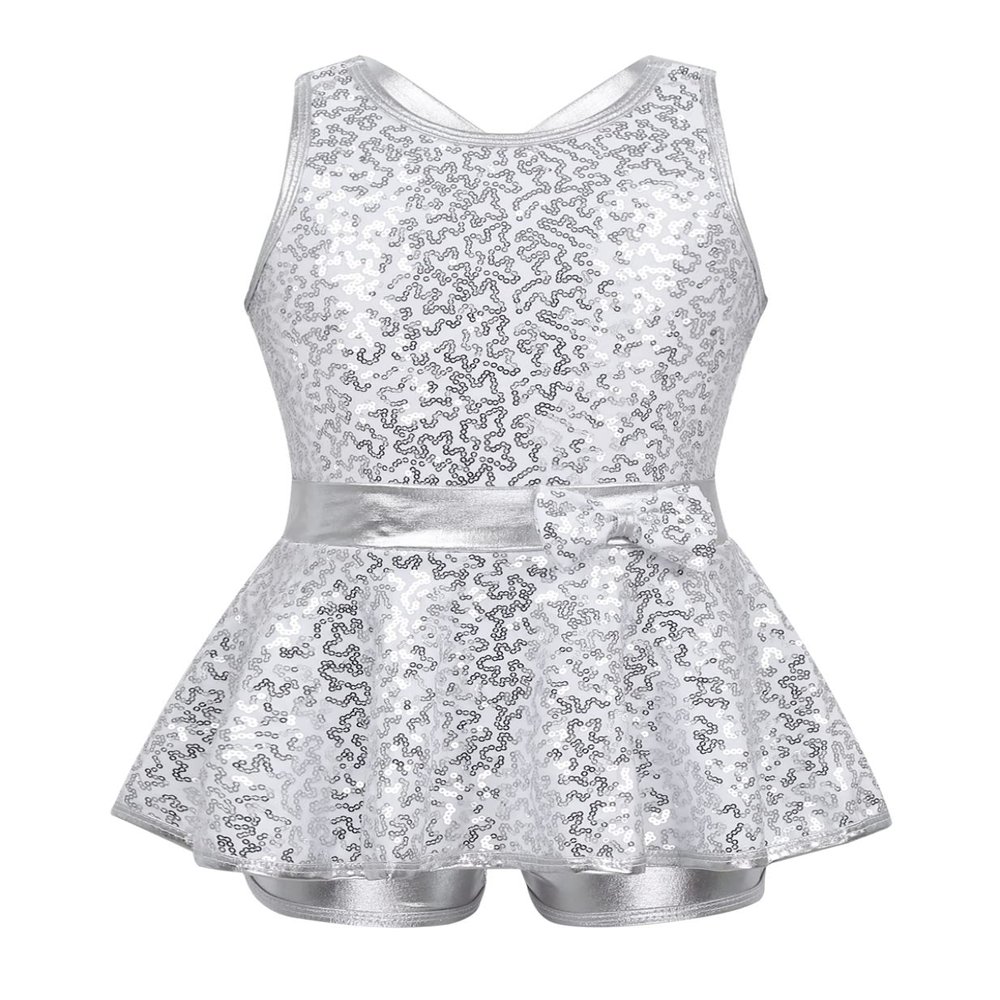 Zaldita Kids Girls Sequins Jazz Latin Hiphop Dance Costume Crisscross Back Leotard Dress Performance Dancewear White 12 Years