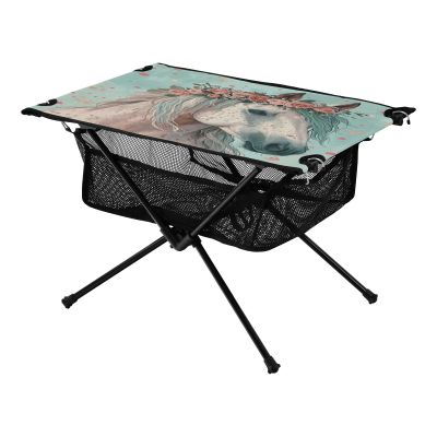 SDMKA Grey Horse with Floral Outdoor Folding Table for Camping, Beach & Picnic  Portable, Easy-to-Carry Camping Side Table with Durable Bag for BBQ, Camp Use
