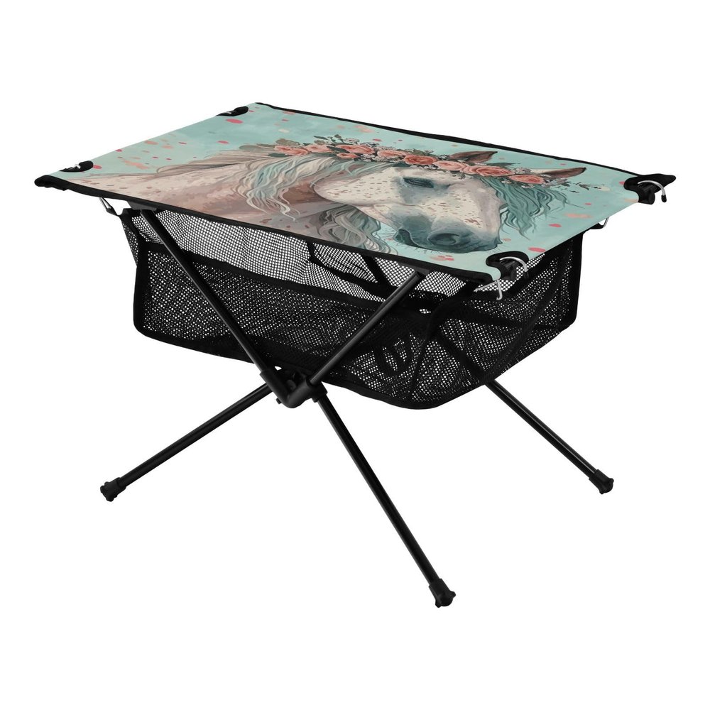 SDMKA Grey Horse with Floral Outdoor Folding Table for Camping, Beach & Picnic  Portable, Easy-to-Carry Camping Side Table with Durable Bag for BBQ, Camp Use