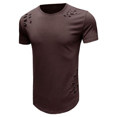 SWJGLITTR Mens Muscle Slim Fit Short Sleeve Crewneck Gym Bodybuilding T Shirt Workout Athletic Summer Hole T-Shirts (Brown,Large)